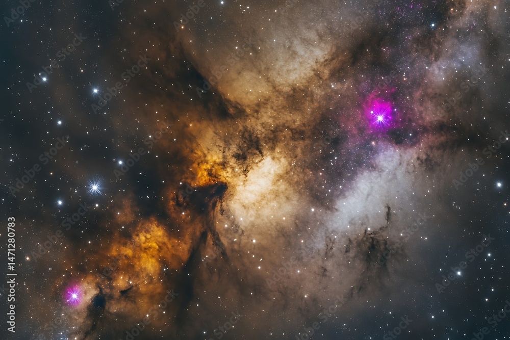 Poster cinematic view of deep space clouds with sparkling clusters and colorful ionized gases.