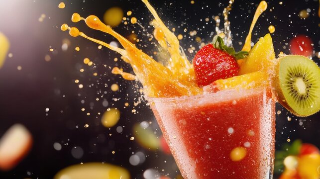 Colorful tropical cocktail splashing, vibrant fruity drink with garnishes on dark background, perfect for summer party themes.