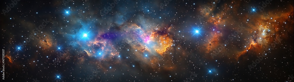 Wall mural cinematic view of deep space clouds with sparkling clusters and colorful ionized gases.