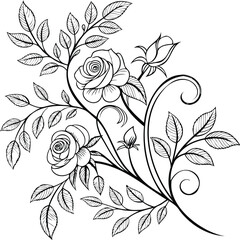 Hand-Drawn Botanical Rose Composition with Leaves