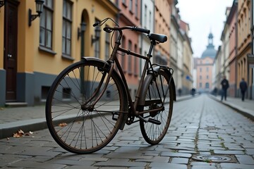 Obraz premium Abandoned bicycle with broken wheel staying on a street