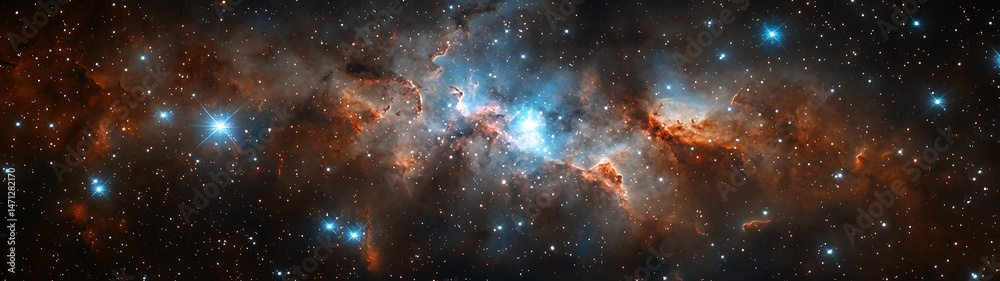 Wall mural cinematic view of deep space clouds with sparkling clusters and colorful ionized gases.