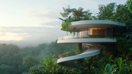 Modern eco-friendly house, sleek design surrounded by nature, large windows, perfect for sustainable living or architectural showcases.