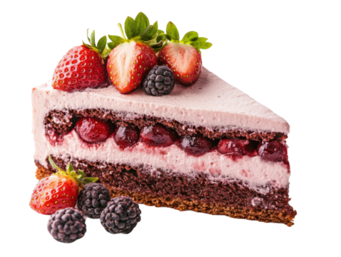 Decadent chocolate berry cake slice bakery food photography studio. Isolated on transparent background, png.