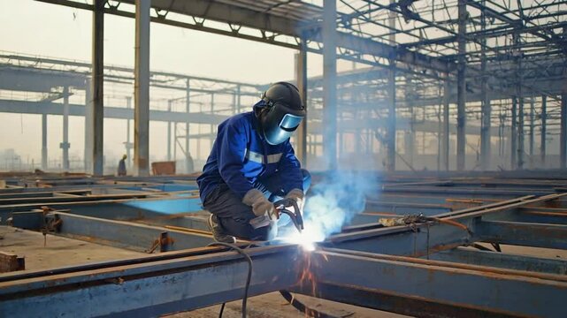 Welder working on metal structure with sparks in an industrial construction site