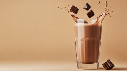 Iced coffee beverage in a clear glass with whipped cream, chocolate decoration, warm neutral background, perfect for cafes.