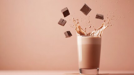 Delightful chocolate shake, creamy beverage in a glass with floating chocolate pieces, ideal for dessert or snack themes.