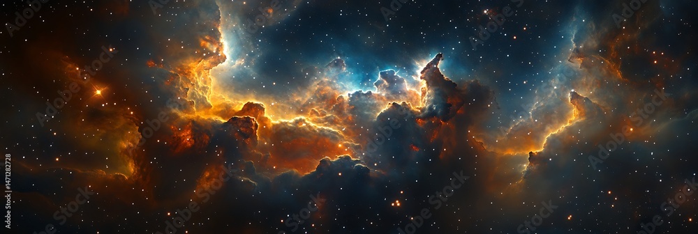 Poster cinematic view of deep space clouds with sparkling clusters and colorful ionized gases.
