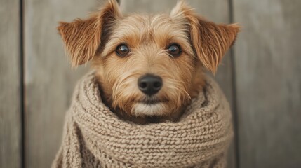 Small dog in cozy sweater, adorable mixed breed with a curious expression, set against a rustic wooden backdrop, perfect for pet-themed content.