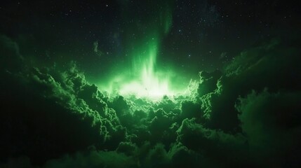 Starry night, glowing green clouds