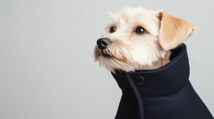 Stylish dog in a cozy coat, small light-colored dog with expressive eyes, perfect for pet fashion or winter themes.