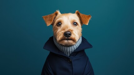 Playful dog in stylish coat, charming mixed breed with expressive face, set against a vibrant blue backdrop, perfect for pet-themed content.