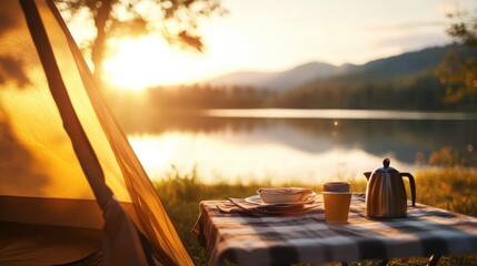 Relaxing lakeside view, serene morning sunlight reflecting on water, cozy setup with warm drinks, perfect for unwinding.