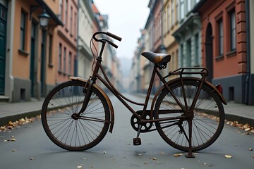 Abandoned bicycle with broken wheel staying on a street