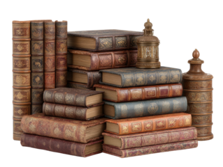 Vintage library cozy antique book collection in stacked literature. Isolated on transparent background, png.