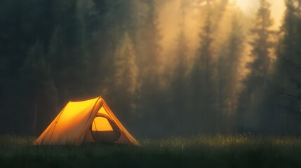 Cozy tent nestled in serene forest, warm glow illuminating outdoor adventure, perfect for camping and nature enthusiasts.