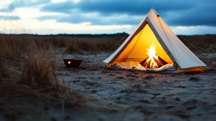 Cozy tent illuminated at dusk, minimalist design, serene camping atmosphere, perfect for outdoor adventures and relaxation.