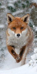 Obraz premium Vibrant Red Fox Leaping Through a Snowy Landscape