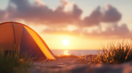 Tent at sunset, vibrant orange sky reflecting on calm sea, serene camping scene in nature, ideal for outdoor adventures.