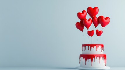 Festive cake with heart-shaped balloons, vibrant red and white layers, perfect for celebrations and romantic occasions.