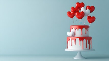 Elegant birthday cake decorated with red hearts, showcasing layers of cream and fondant, perfect for celebration moments.