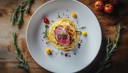 Elegant pasta dish with a tender grilled meat topping