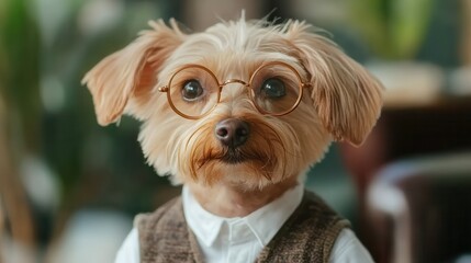 Dapper dog in formal attire, small dog wearing a suit and bow tie, showcasing a charming personality and whimsical elegance.
