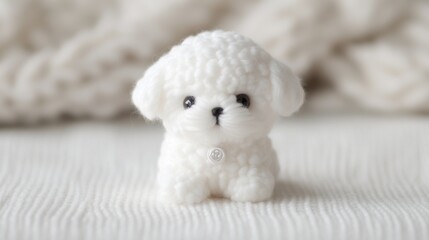 Fluffy white dog figurine, cute small plush dog with big eyes, ideal for decor or as a gift, soft texture and charming appearance.