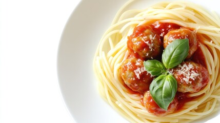 Spaghetti and meatballs in tomato sauce.  Fresh basil and parmesan cheese