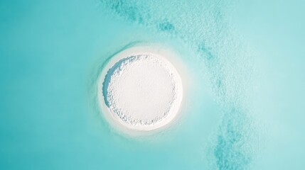 White circular plate on vibrant turquoise background, minimalist design, ideal for food presentation or promotional materials.