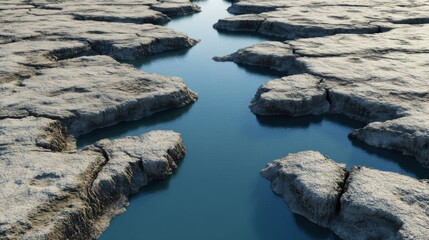 Serene river flowing through rocky terrain, clear water contrasting with rugged stone, ideal for nature-themed content and relaxation.