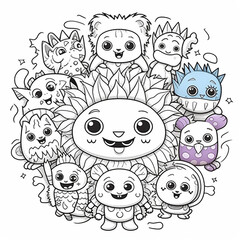 Fototapeta premium Cute Monster Friends Coloring Page: Adorable Characters, Fun Doodle Style, Black & White