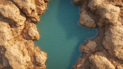 Serene river cutting through rugged terrain, aerial view of turquoise water surrounded by golden rocky cliffs, nature's beauty.