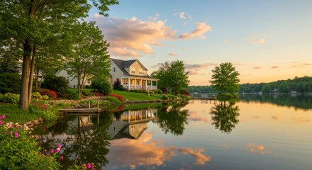 Obraz premium Lakeside home at sunset