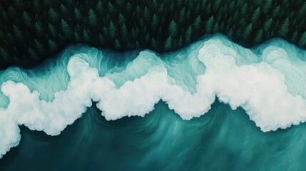 Abstract ocean waves, dark teal and white froth forming dynamic patterns, emphasizing nature's fluid beauty, ideal for calming visuals.