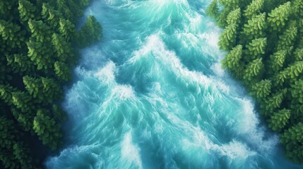 Aerial view of cascading water, vibrant blue and green hues, depicting the power of nature in a serene environment.