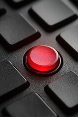 Macro Shot of a Red Button on a Black Remote Control Panel with Square Buttons in a Studio Setting