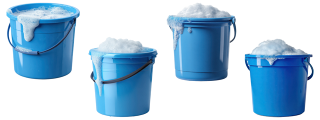 Set of blue plastic cleaning buckets with soap foam
