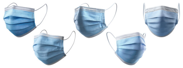 Set of five blue disposable face masks in various angles