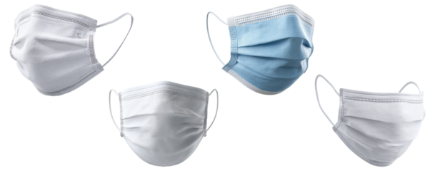 Set of white and blue disposable medical face masks in different angles