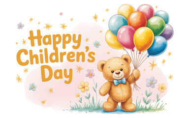 Obraz premium Celebrating International Children’s Day with a teddy bear holding colorful balloons in a playful setting