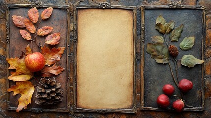 Ornamental vintage page separators featuring autumn foliage and rustic elements  