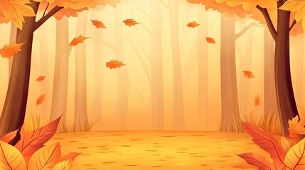 Autumnal forest scene with falling leaves.