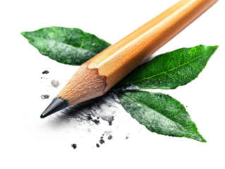 Creative pencil drawing with leaves nature art studio close-up. Isolated on transparent background, png.