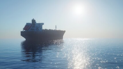 Calm Ocean Horizon with Large Cargo Ship Silhouetted by Sunlight