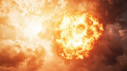 Obraz premium Explosive Orange Fireball Erupting Against Dramatic Cloudy Sky