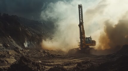 Heavy Machinery Working in Dusty Quarry Landscape with Smoke Effects