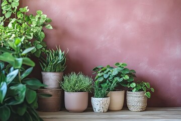 Fototapeta premium Plant stand with indoor greenery beside a dusty rose wall. Botanical decor.