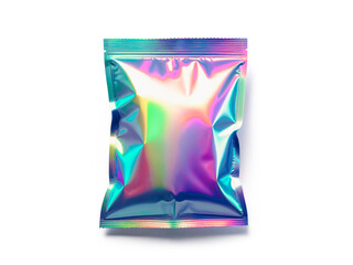 Colorful holographic foil packaging mockup isolated on a white background. Vibrant and eye-catching design suitable for futuristic branding and luxury product mockups.