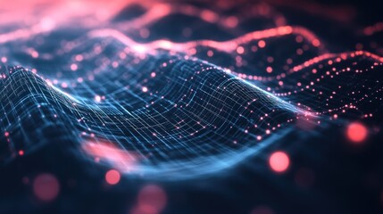 Abstract digital wave, network, data visualization, glowing particles.